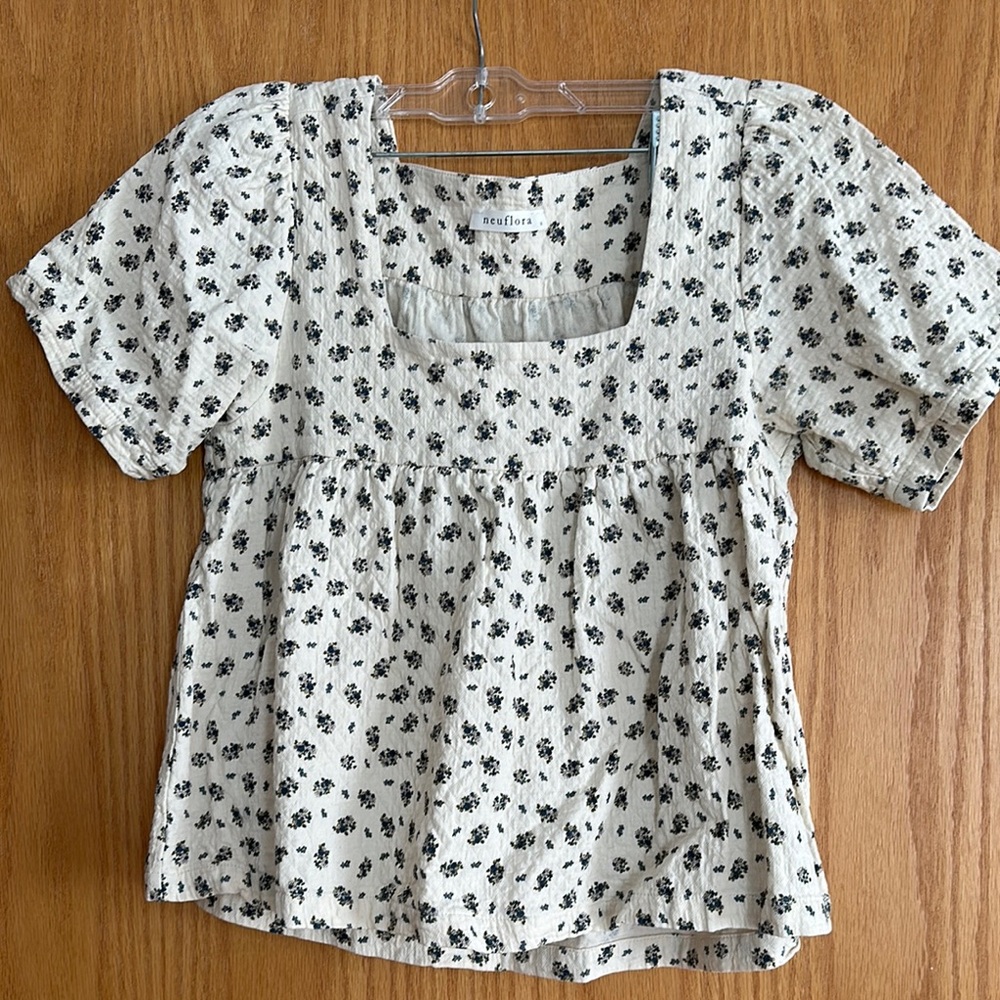 Ruffle Floral Square-Neck Blouse - Cream with Black Floral